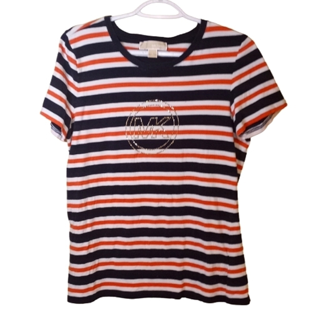 michael Kors Red White & Blue striped womens tee shirt Large rhinestone EUC - Picture 1 of 3